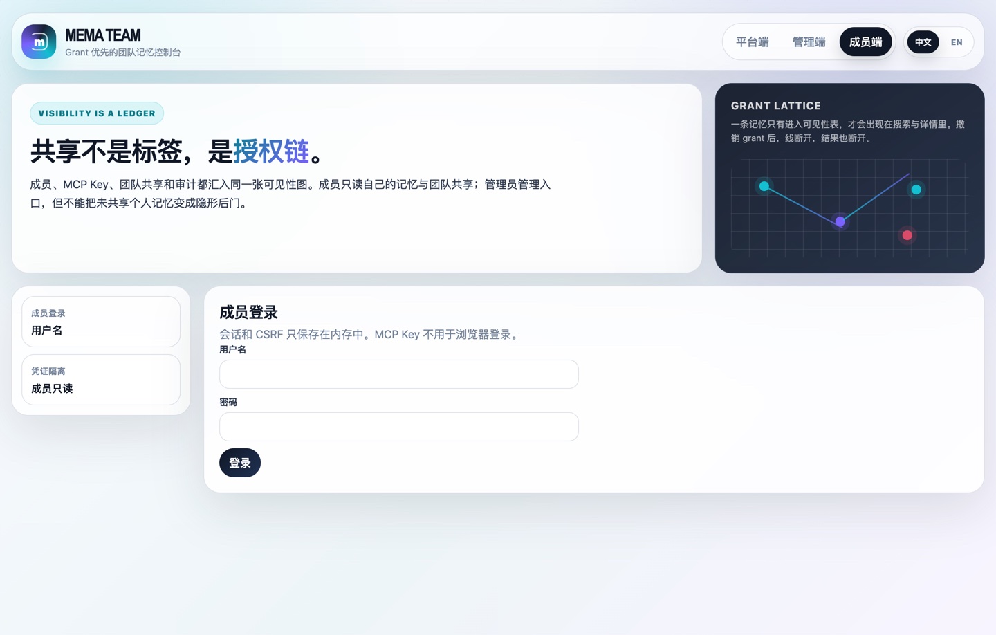 Team Portal 登录页，右上角可切换平台端 / 管理端 / 成员端